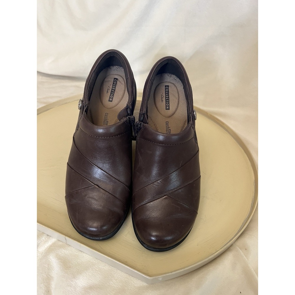 Clarks Womens Channing Ann Clog Size 8.5 Black Leather Loafer Shootie Wedge Shoe